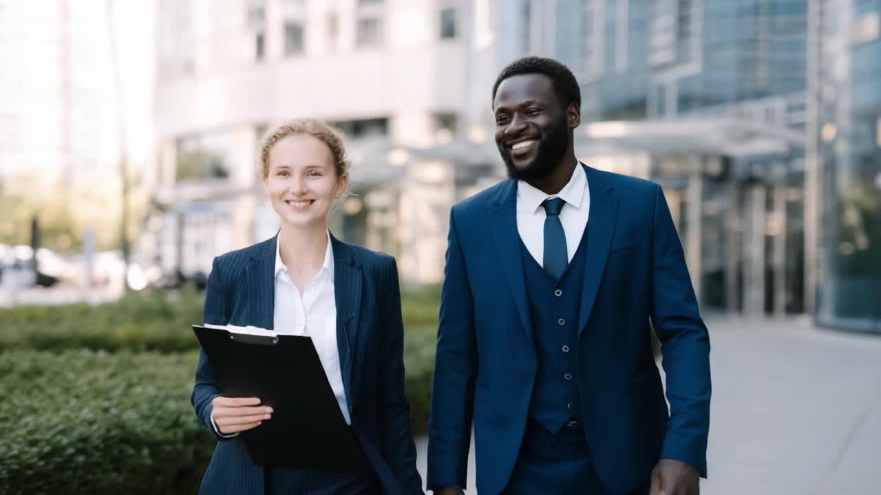 Professional Colleagues Engaging in a Positive Discussion While Walking Outside a Modern Office Building in a Business District