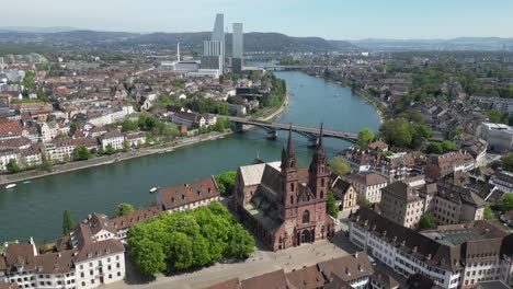 old town in basel city and rhine river in northwest switzerland, aerial drone