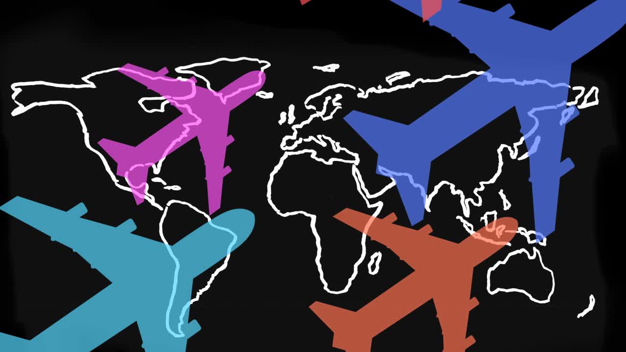animación de aviones coloridos volando sobre el mapa del mundo sobre fondo negro