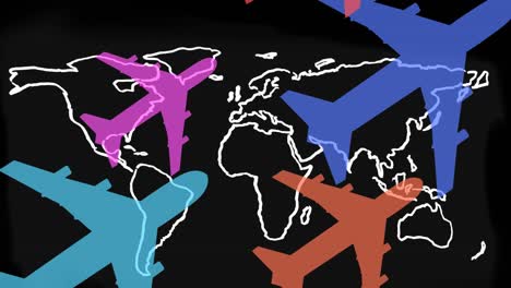 animation of colorful planes flying over world map on black background