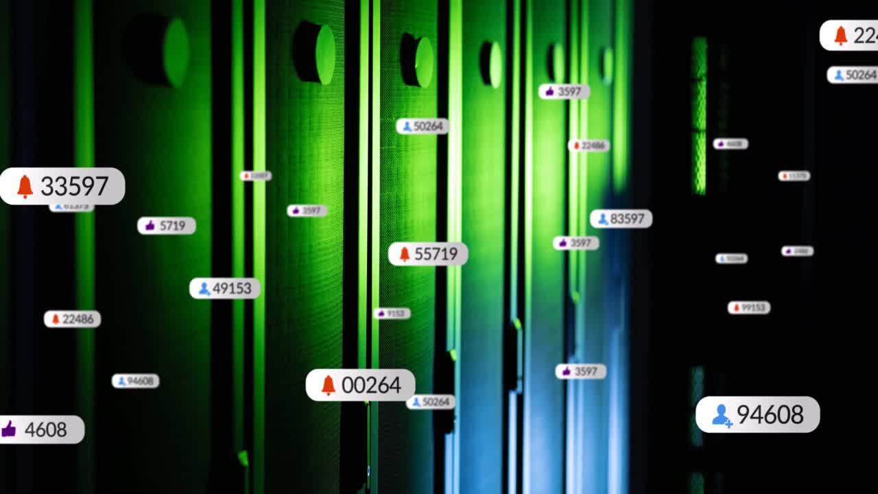 데이터 서버 랙 위에 숫자 아이콘으로 알림의 애니메이션