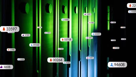 Animation-of-notification-with-numbers-icons-over-data-server-racks