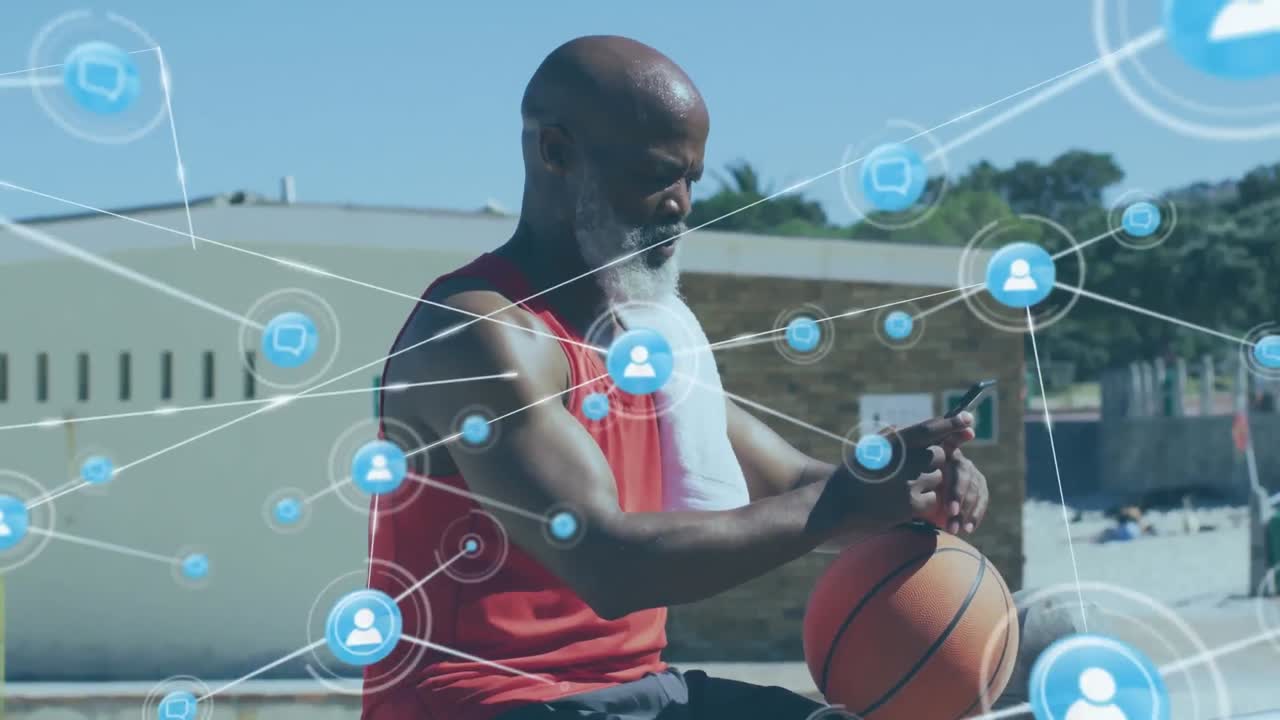 Animation of network of connections over senior african american man using smartphone at beach