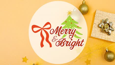 Animation-of-merry-and-bright-christmas-text-over-christmas-decorations-on-yellow-background