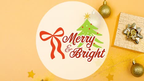 animation of merry and bright christmas text over christmas decorations on yellow background