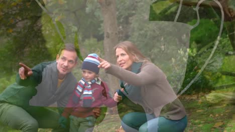 Animation-of-caucasian-family-talking-in-park-over-cups