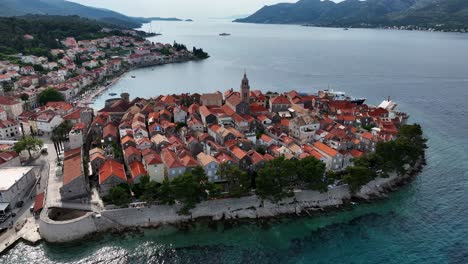 fortified town on the island of korcula in croatia. aerial drone shot