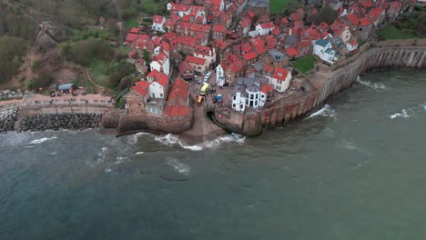 Top-View-Of-Ancient-Town-Of-Robin-Hood's-Bay-In-The-North-York-Moors-National-Park,-England,-UK