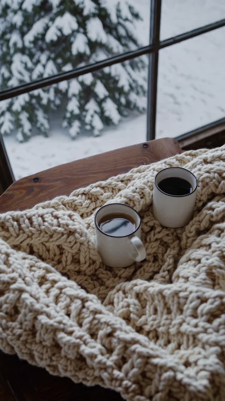 Cozy winter scene with two mugs on a knitted blanket by a window