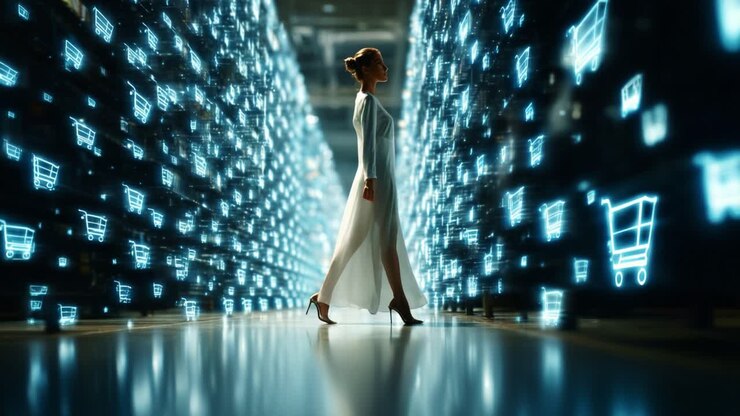 A captivating figure strides through a futuristic corridor of illuminated digital displays representing shopping carts, merging technology with the allure of modern retail experiences