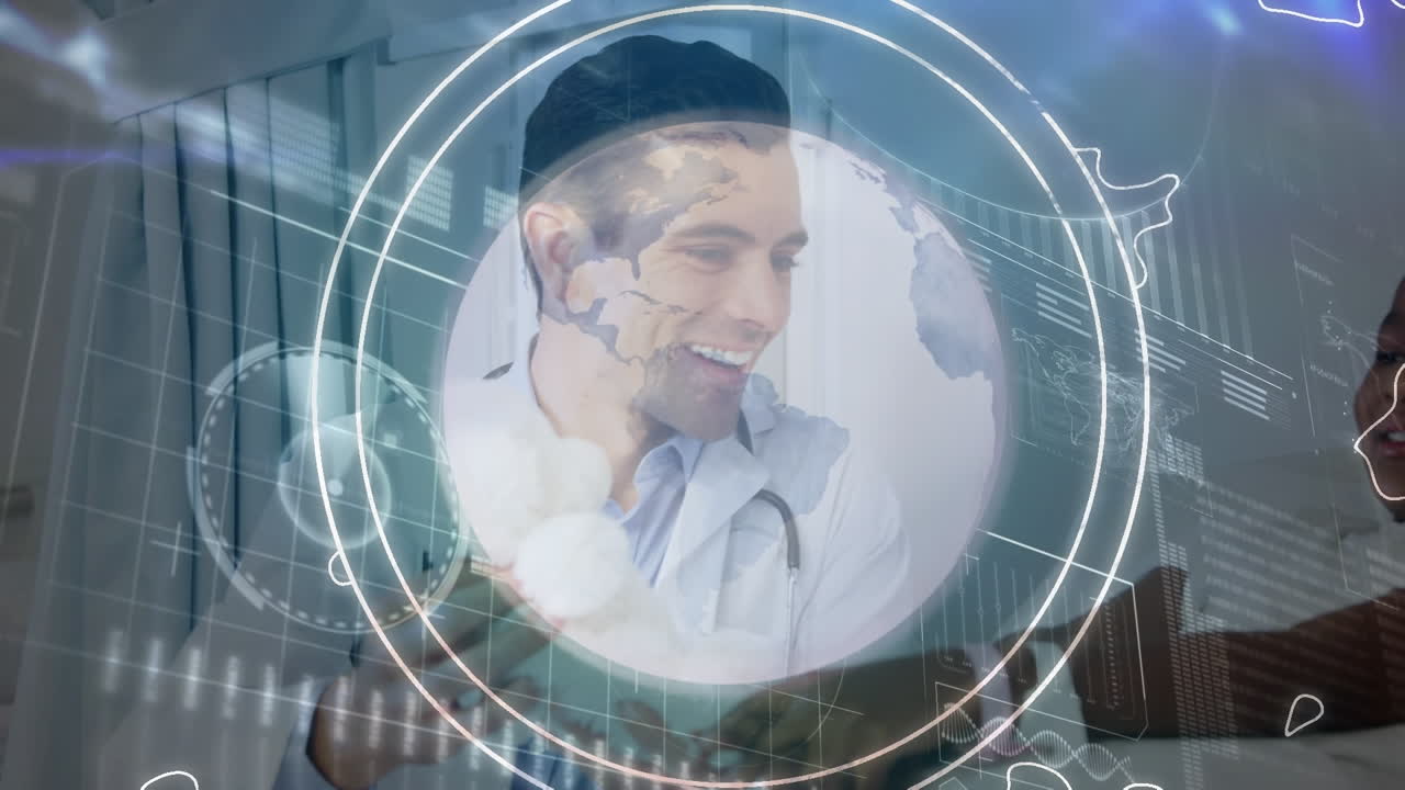 Animazione di interfaccia digitale su un medico caucasico con un paziente