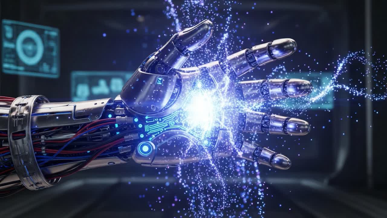 A Futuristic Robotic Hand Wielding Energy: Innovations in Technology and Design Captured in Stunning Detail Depicting the Intersection of Human-like Features and Advanced Robotics