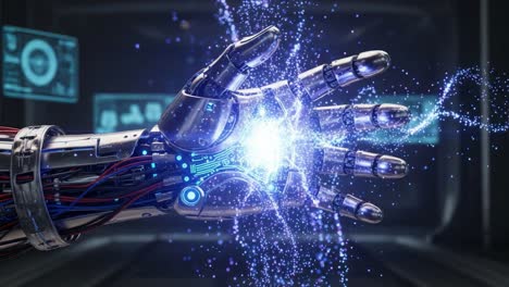 a futuristic robotic hand wielding energy: innovations in technology and design captured in stunning detail depicting the intersection of human-like features and advanced robotics