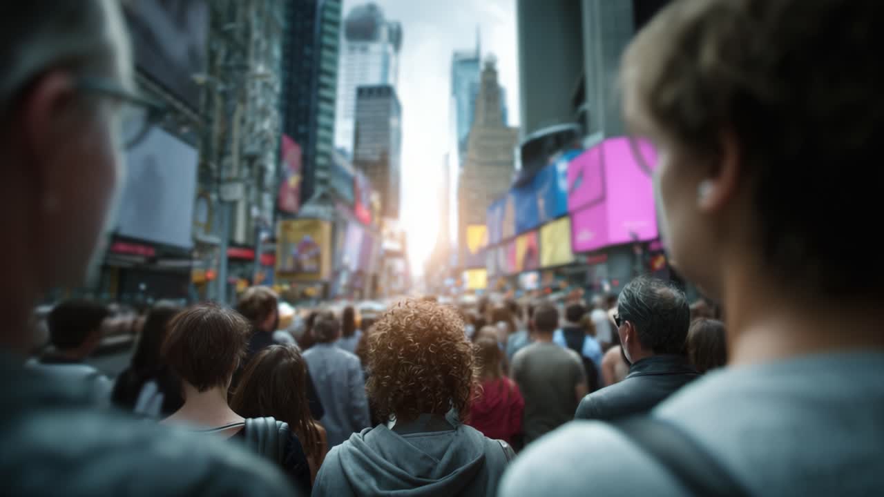 A Vibrant Crowd in a Bustling City Intersection, Capturing the Energy and Diversity of Urban Life as Day Transitions into Night in a Busy Metropolitan Area