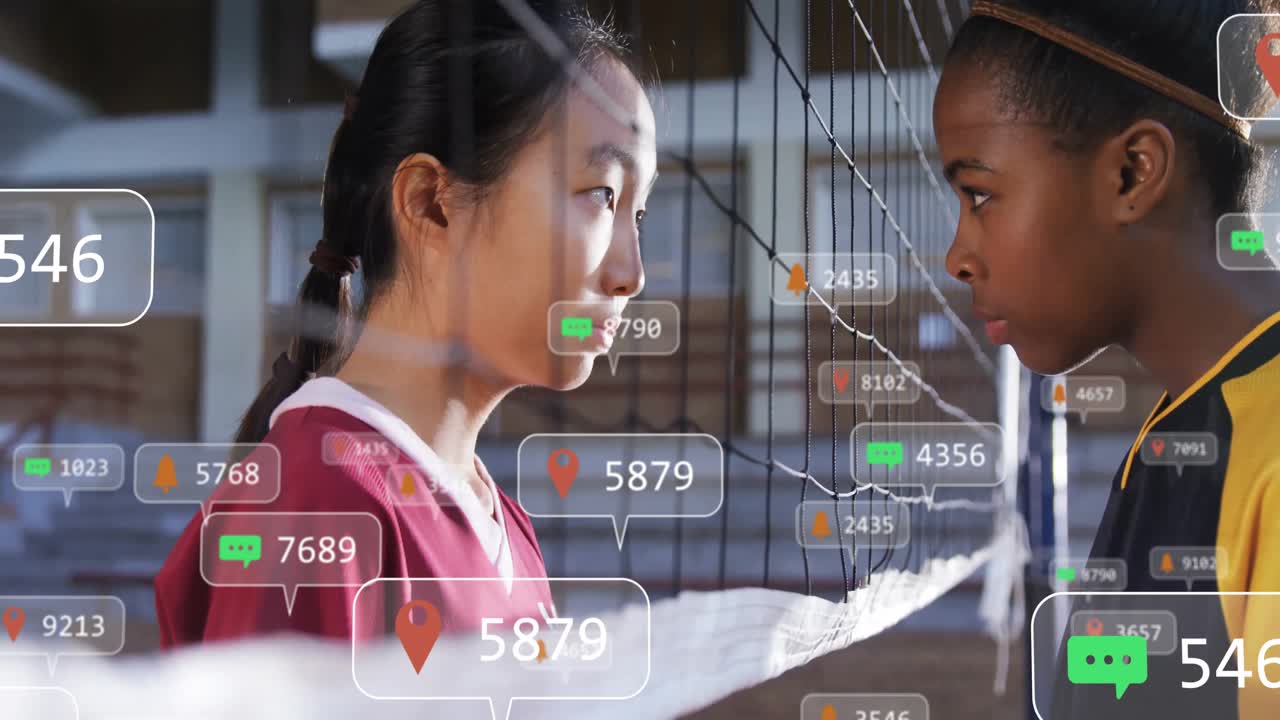 Female athletes facing off in gym with floating chat bubbles and bell icons showing technology