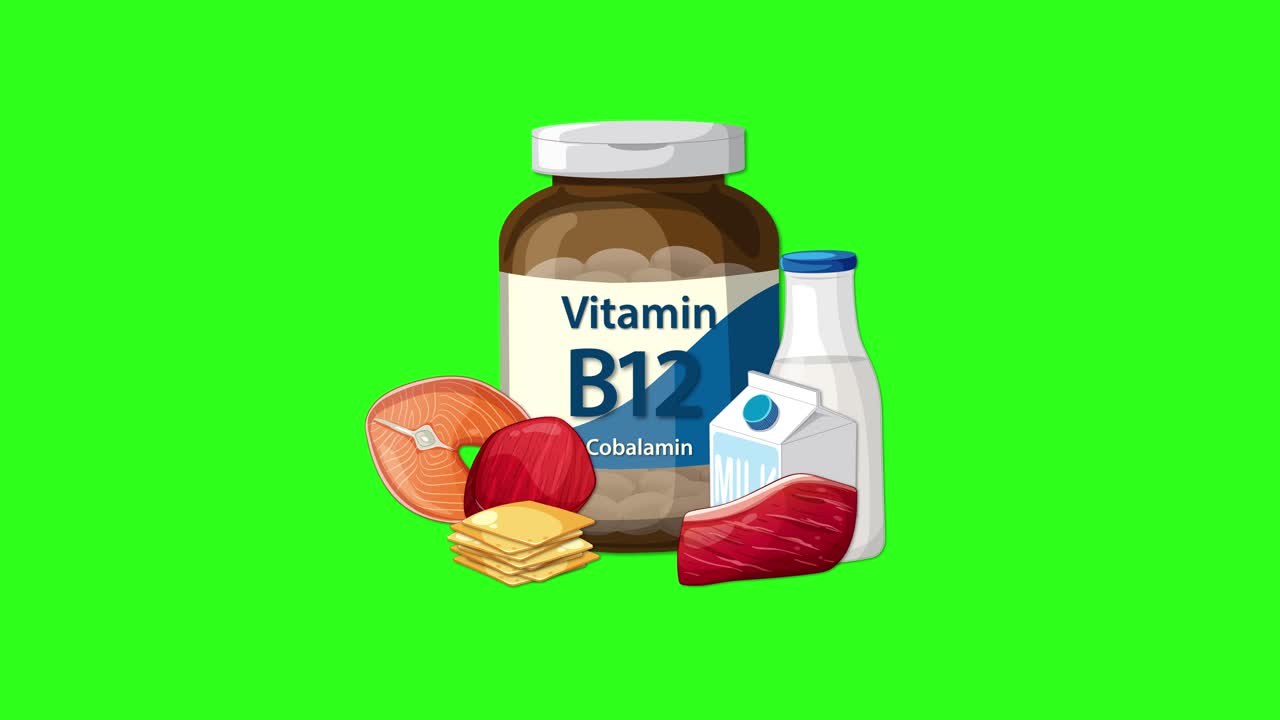 Vitamin B12 bottle with meat, dairy, and eggs appears on green background, smooth camera zoom
