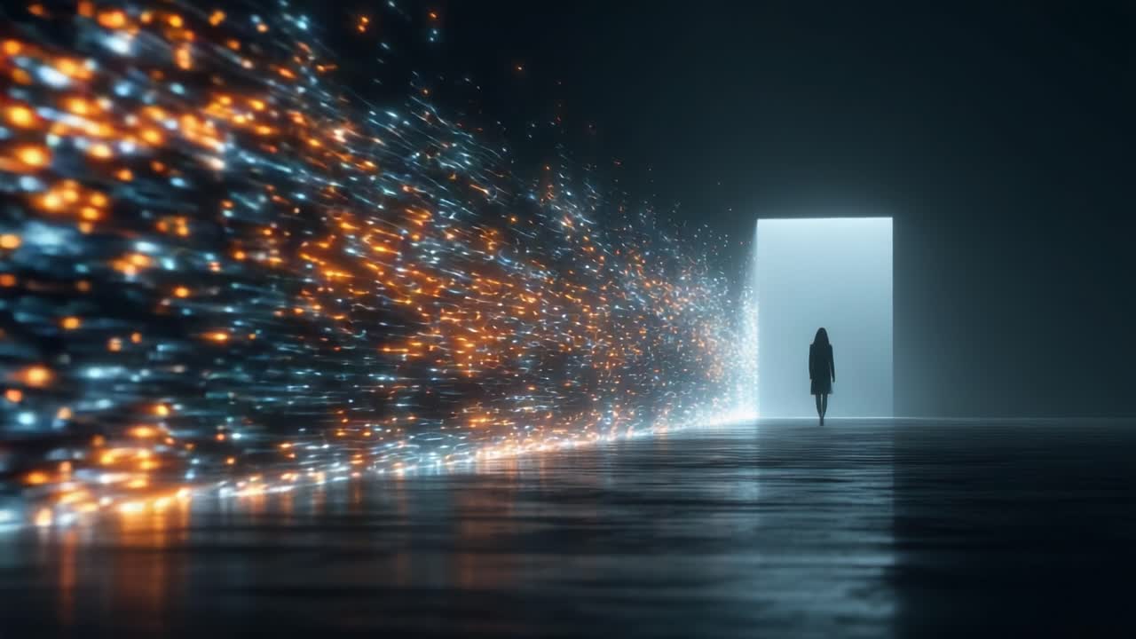 A solitary figure walks through a glowing doorway, surrounded by vibrant streams of light, evoking a sense of wonder and the exploration of new horizons and possibilities