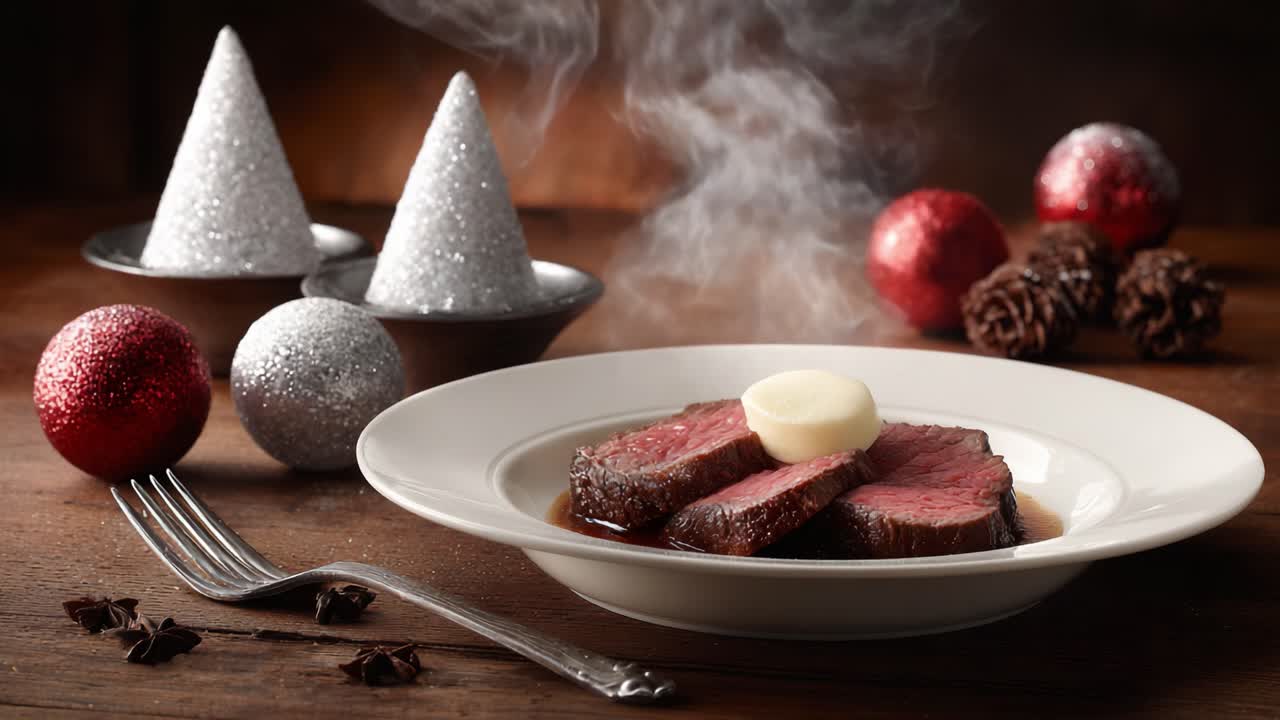 A Culinary Delight: Succulent Slices of Juicy Meat Served on a Festive Plate with Decorative Ornaments and Steaming Aromas of Deliciousness