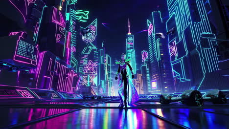 futuristic neon cityscape with a luminous figure