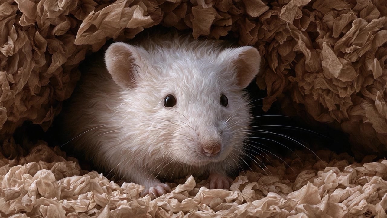 Curioso Topo Bianco che Emerge da un Accogliente Nido di Carta Stropicciata, Catturato in un Momento di Esplorazione e Giocosità all'Interno del suo Morbido Ambiente di Tana.