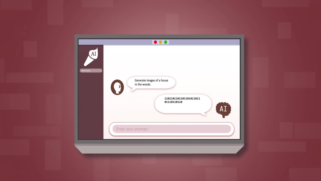 animación del cerebro con texto ai e imágenes de casa en el bosque sobre fondo rojo.