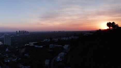 Aerial-descending-shot-of-Century-City-during-sunset