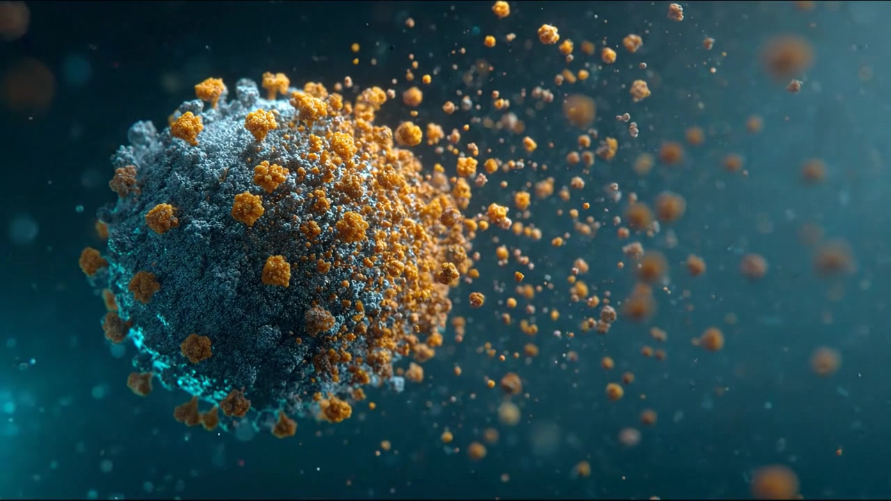 Orange Viral Particle Releasing Smaller Particles in Microscopic Environment