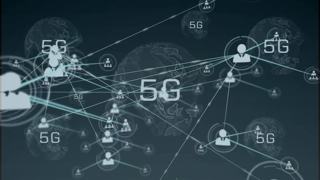 Animation of connected people icons with 5g text in globes on black background