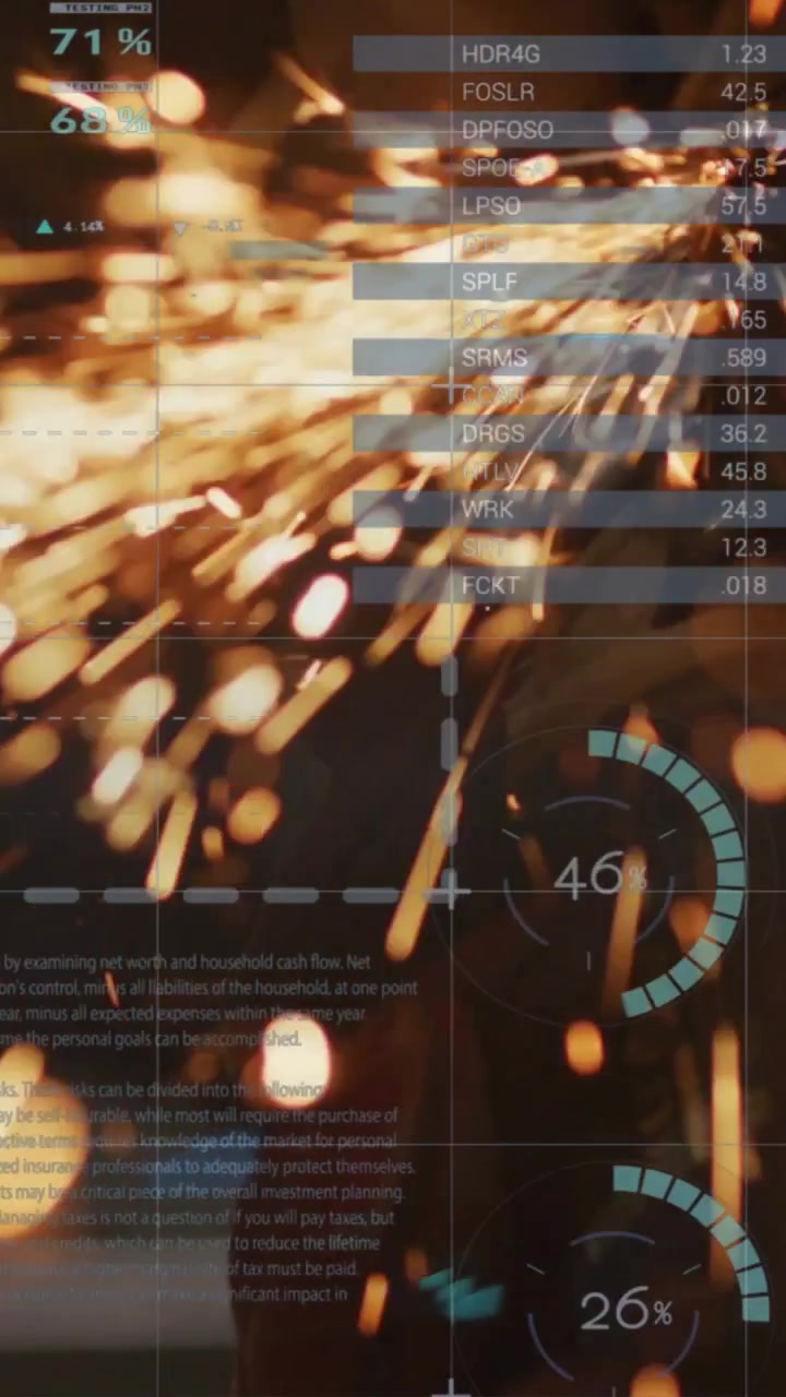 Vertical video: Grinding tool touching metal, sparking while HUD charts update production metrics