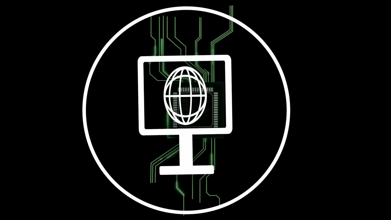 Zentriertes Emblem animiert, während Chip erscheint, Monitor neigt sich, Schaltkreise wachsen, um Chip zu enthüllen