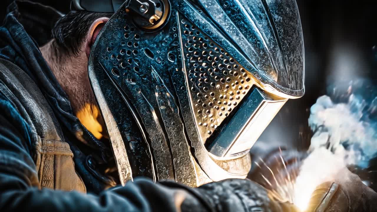 金属加工の緻密な職人技：保護ヘルメットをかぶった熟練の職人が作業に集中し、溶接の火花がまばゆい輝きでその場を照らす。