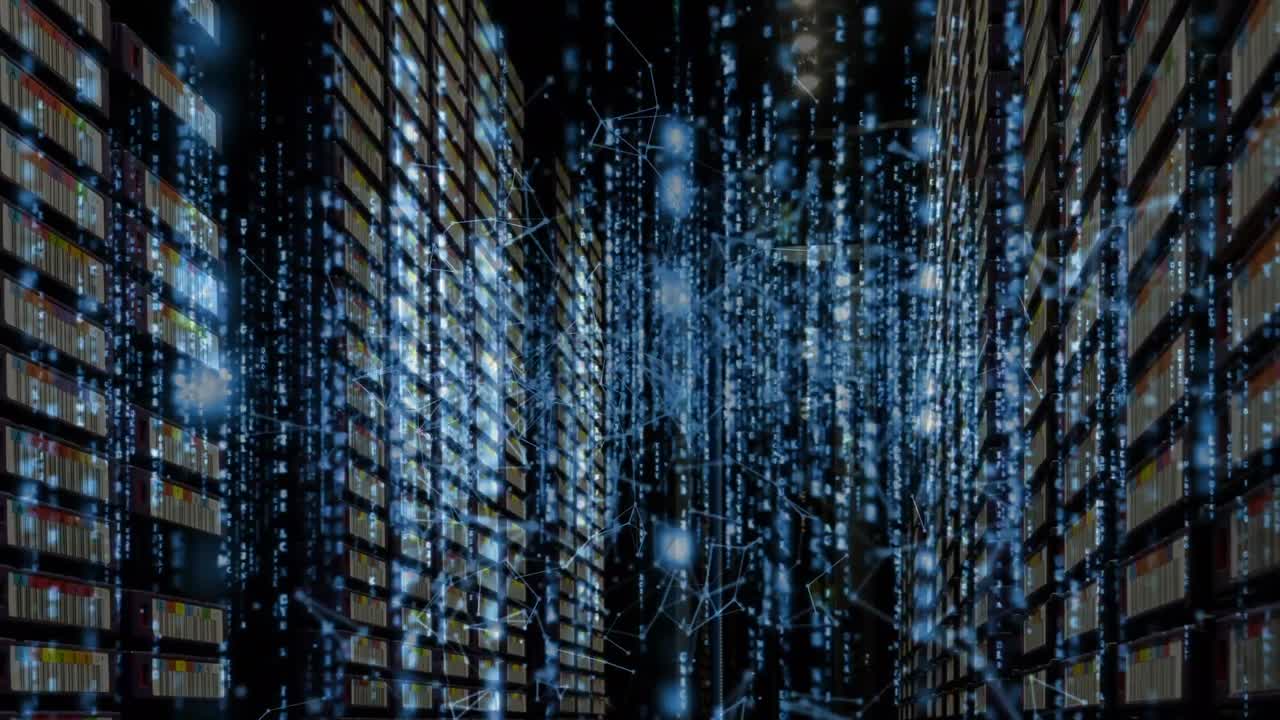Animation of glowing spots and data processing over server room