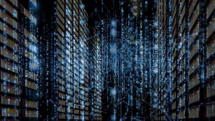 Animation of glowing spots and data processing over server room