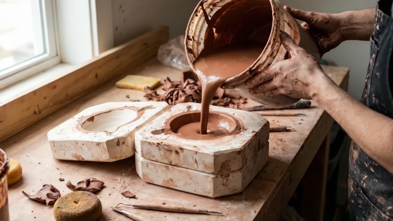 Processo di colaggio: versare argilla liquida in uno stampo in ceramica