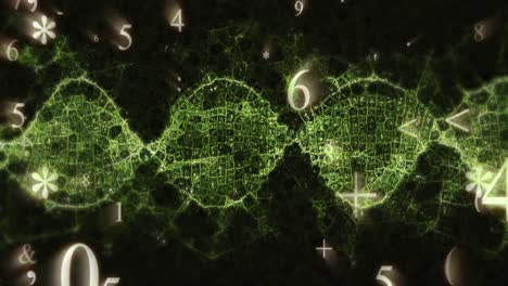 Animation-of-numbers-floating-over-green-shiny-and-DNA-strain-made-of-connections