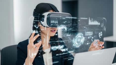 immersive virtual reality experience: a focused user engaging with advanced technology and interactive digital interfaces in a modern workspace