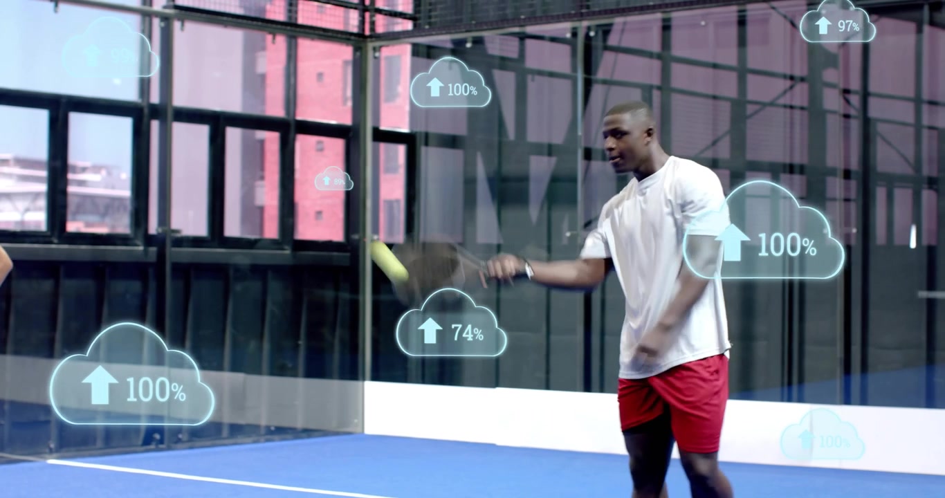 Player entering pickleball court bouncing ball on paddle rallying partner while metrics rising