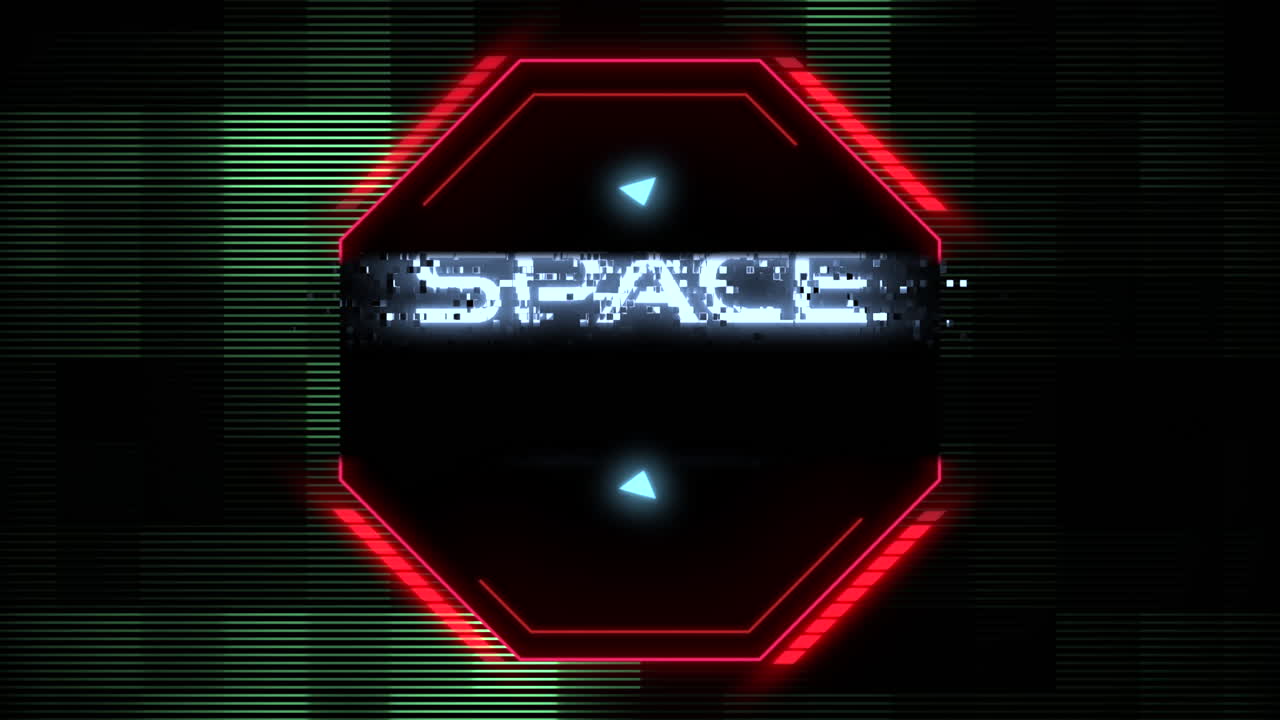 미래의 우주 날 네온 표지판은 격자 배경에 반이는 빨간색과 파란색 불빛으로 빛납니다.