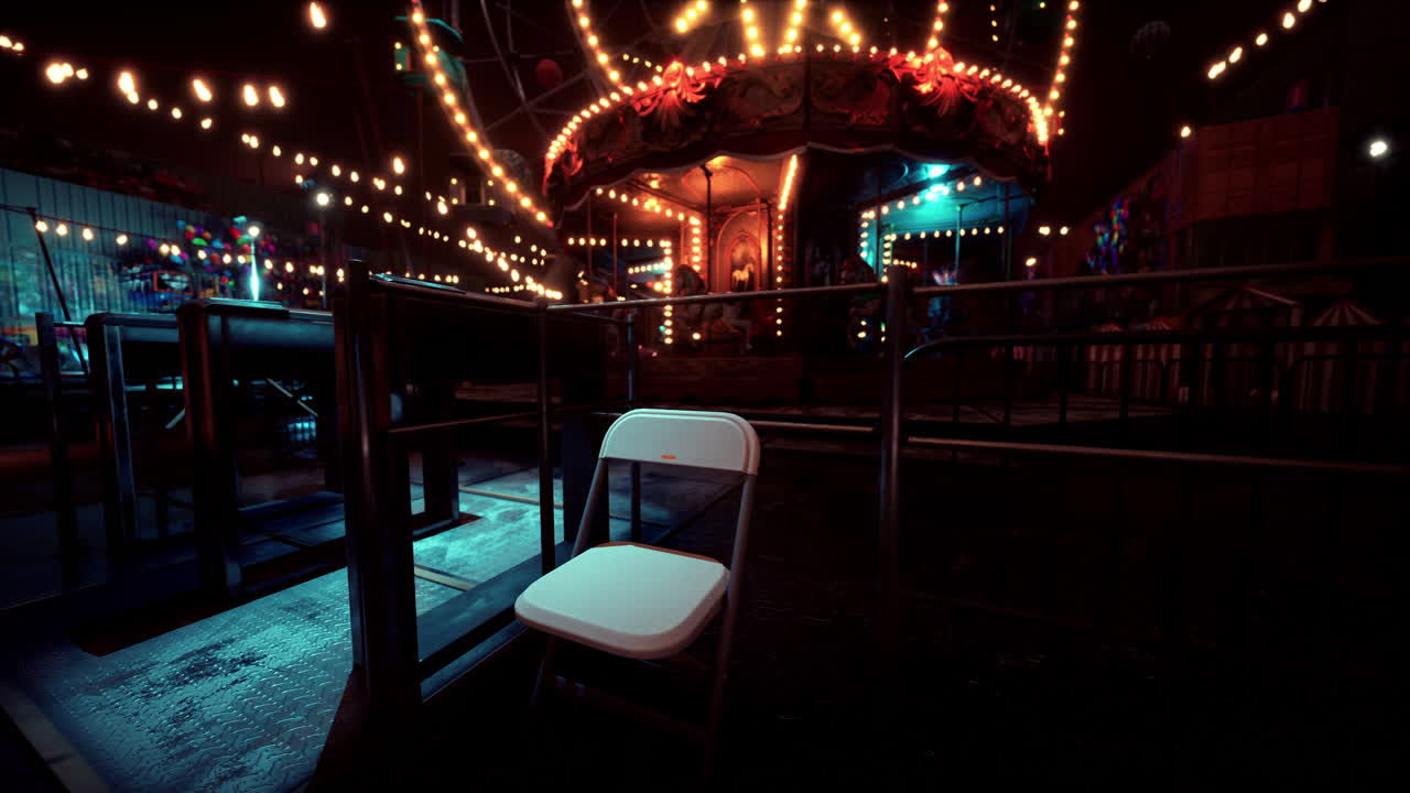 Lonely chair at an abandoned amusement park during nighttime festivities