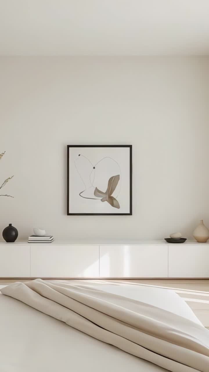 Vertical video: Light streaming on console vignette at home, highlighting vase, dishes, artwork