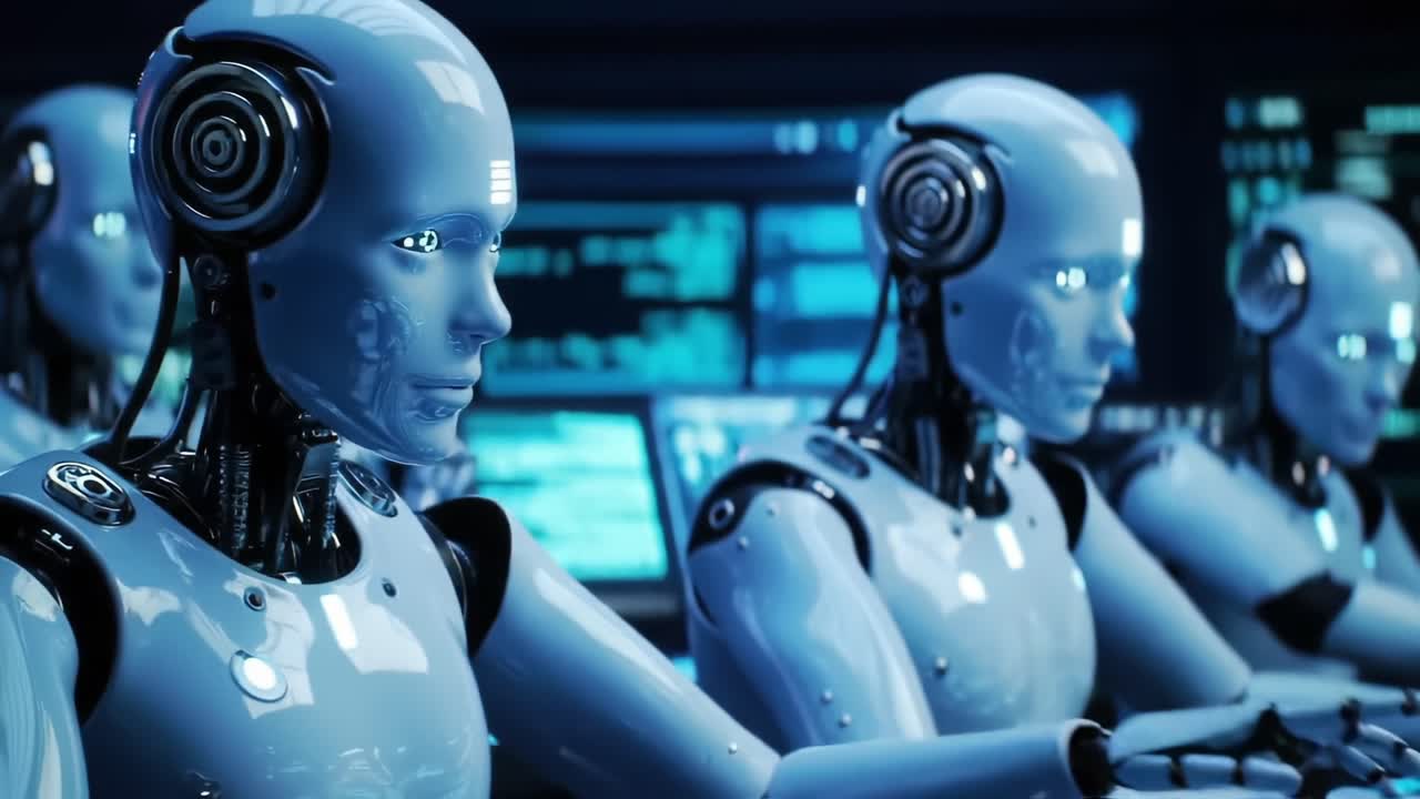A Futuristic Command Center Featuring Advanced Robots Engaged in Complex Tasks with High-Tech Interfaces, Demonstrating Their Capabilities in Artificial Intelligence and Automation