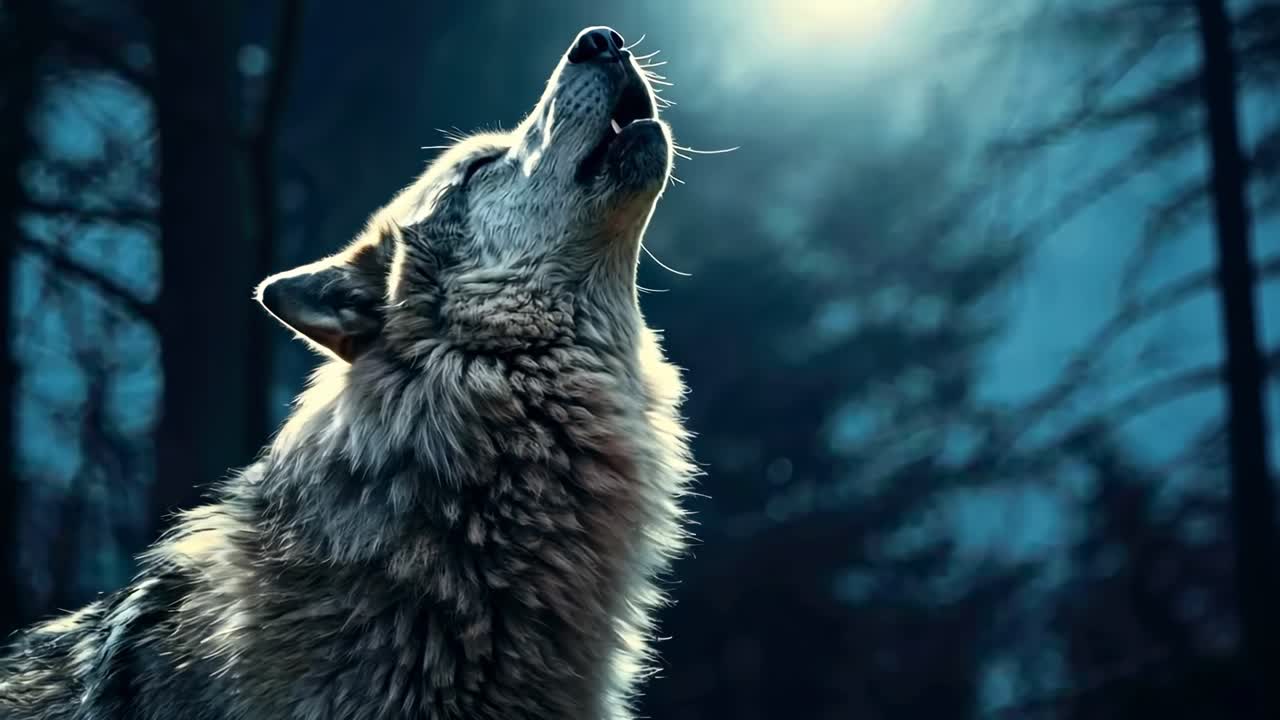 A majestic wolf gazes at the moonlit sky in a forest. The low-angle shot creates a dramatic