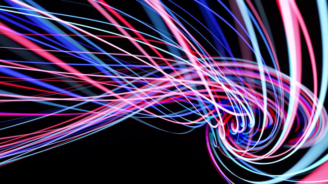 Light flow bg in 4k. Abstract looped background with light trails, stream of red blue neon lines in space move to form looped spiral shapes. Modern trendy motion design background. Light effect,