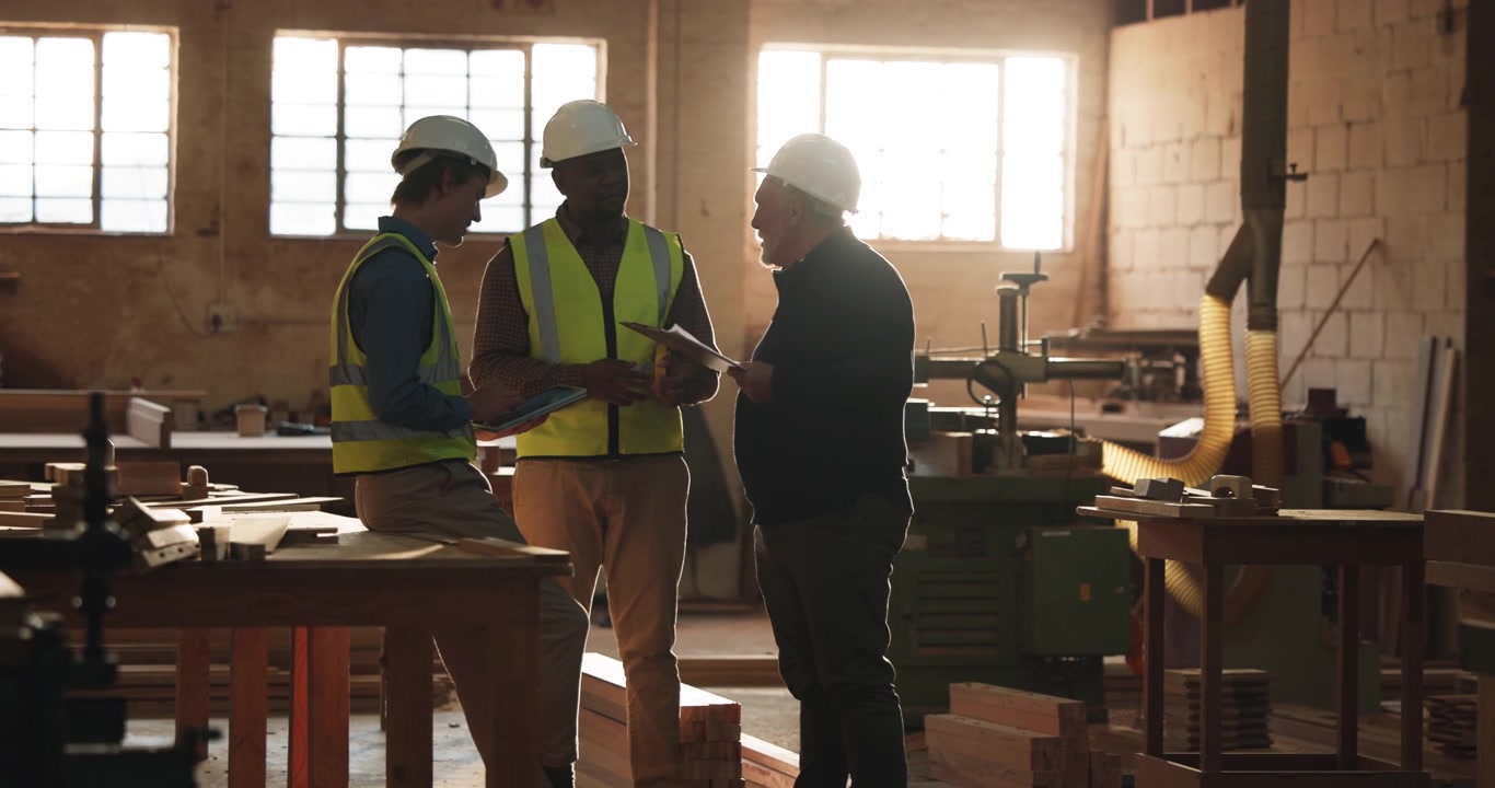 Three Construction Professionals Discussing Plans in a Woodworking Workshop