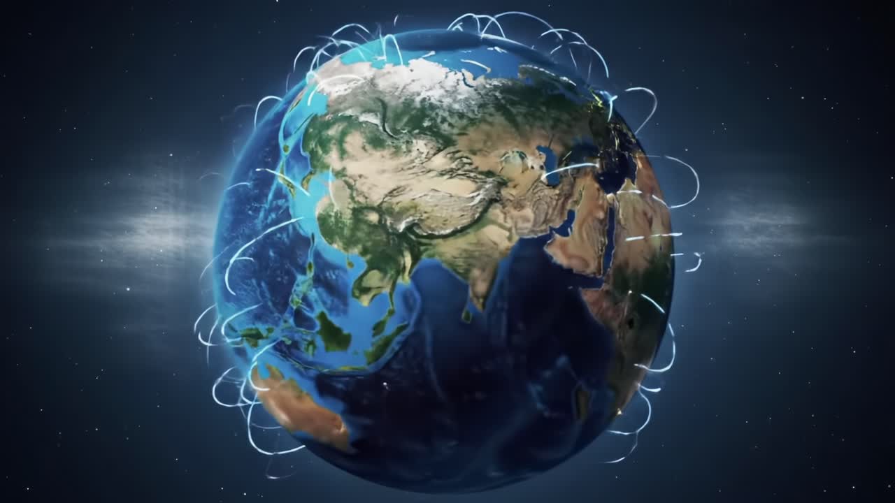 A Dynamic Visualization of Earth Showcasing Global Connectivity through Flowing Data Streams and Geographic Coverage Across Continents