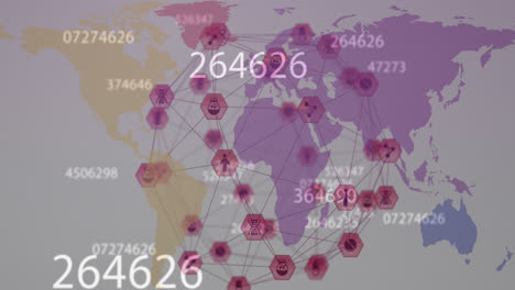 Animation-Von-Wechselnden-Zahlen-Und-Einem-Globus-Aus-Digitalen-Symbolen,-Die-Sich-über-Einer-Weltkarte-Auf-Grauem-Hintergrund-Drehen