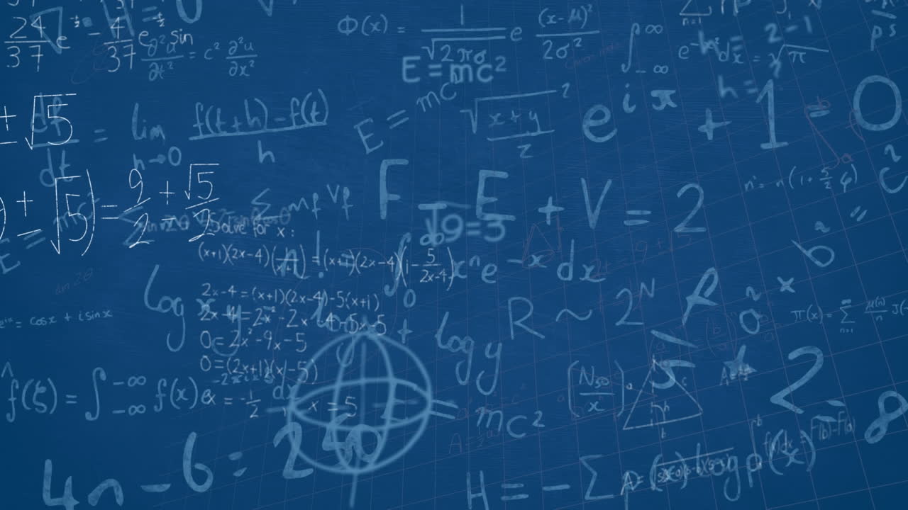Animation of mathematical equations floating over grid network against blue background