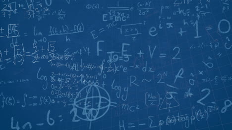 animation of mathematical equations floating over grid network against blue background
