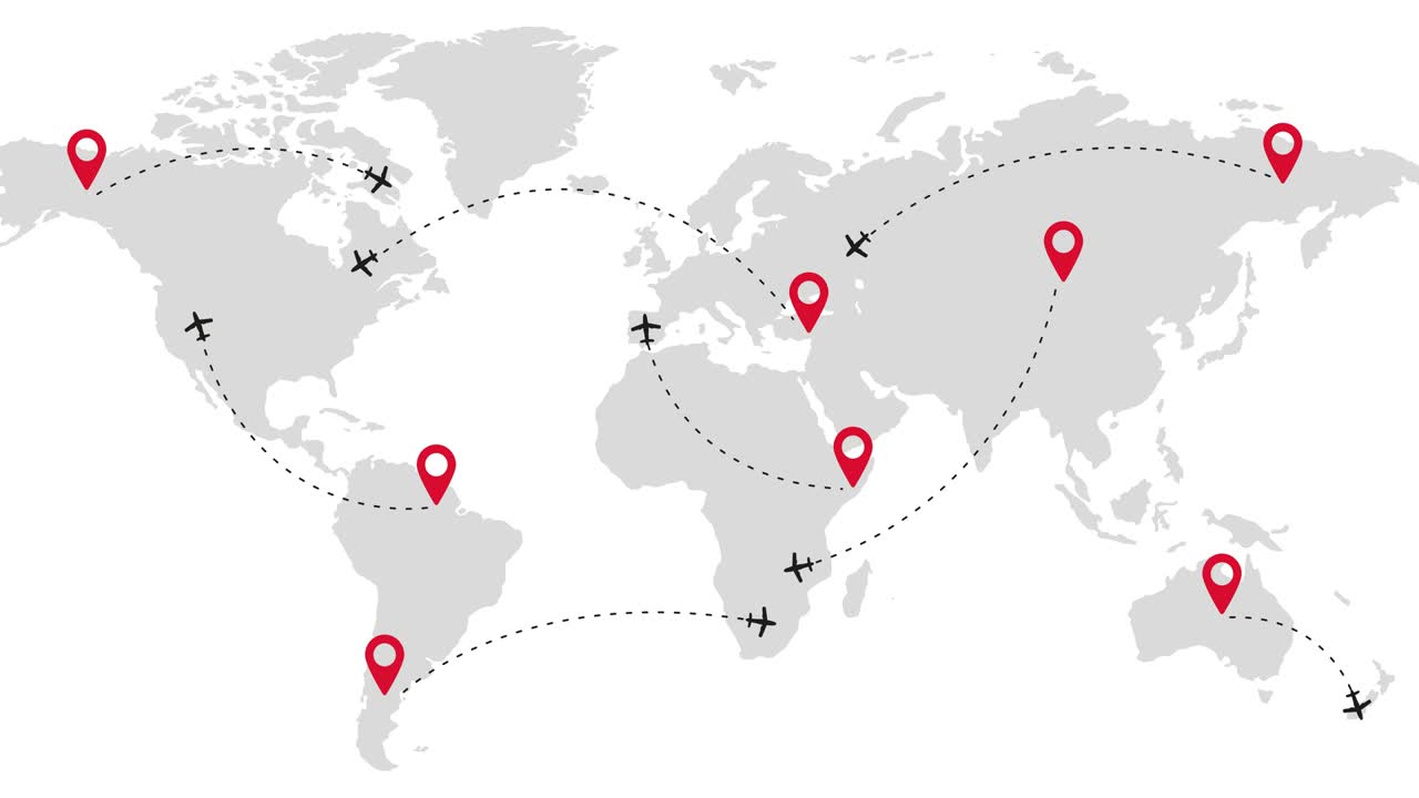 ruta de línea aérea en el mapa. aviones voladores con pin de ubicación. animación de vuelo alrededor del mundo. mapa de línea aérea con avión. video 4k, 60 fps. imágenes de ruta de avión.
