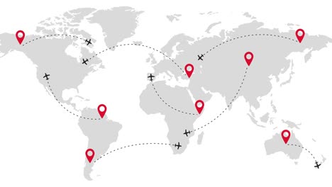 airline route on map. flying planes with location pin. flight animation around the world. airline map with plane. 4k video, 60 fps. airplane path footage.